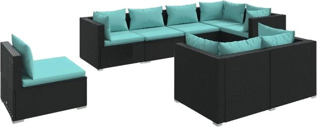 vidaXL 8-tlg Garten-Lounge-Set aus Poly Rattan in Schwarz mit blauen Kissen und Metallgestell - Bild 1