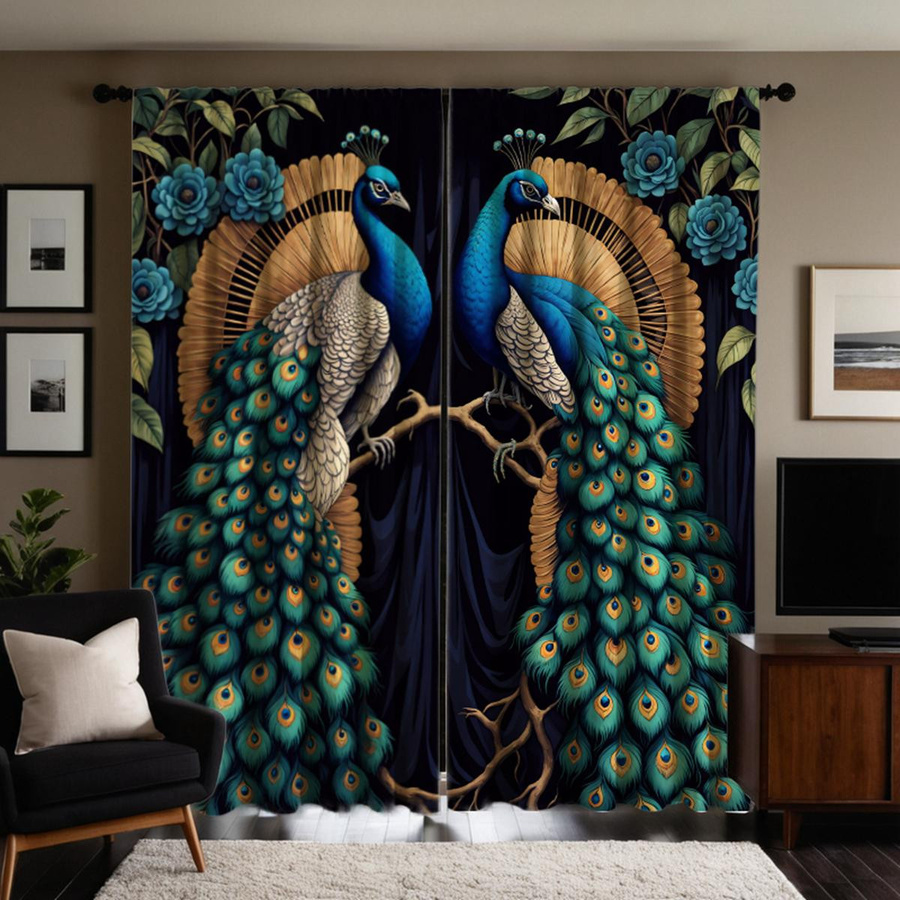 2er-Set dekorative Vorhänge mit Pfauen-Motiv in Blau, semi-transparent, moderner Stil, B: 132 cm, H: 160 cm - Bild 3