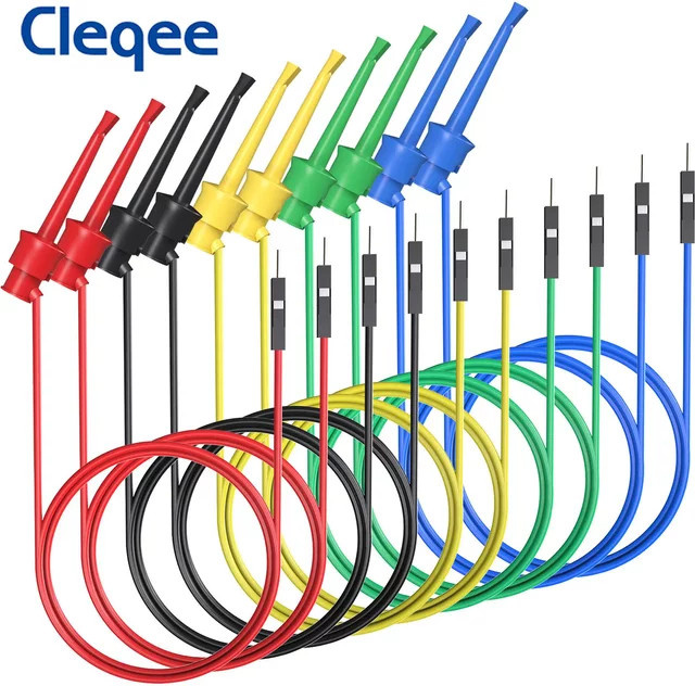 Cleqee 10 Stück Testhakenclip Set mit Dupont männlich/weiblich Überbrückungsdraht aus 26AWG Silikonkabel für Steckbrett, Oszilloskop und Logikanalysator - Bild 1