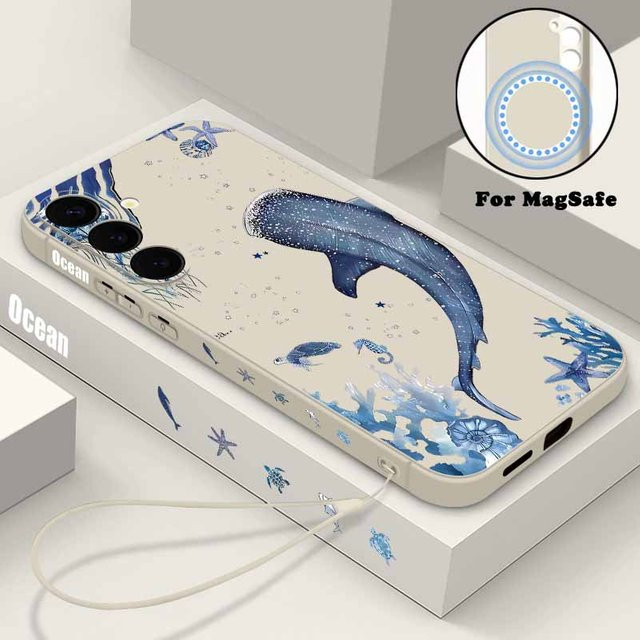 Magnetische weiche Schutzhülle mit Marine Wale Design für Samsung Galaxy S25 S24 S23 S22 Ultra Plus und S24 FE inklusive Lanyard und MagSafe Wireless Charging Unterstützung in Schwarz - Bild 1