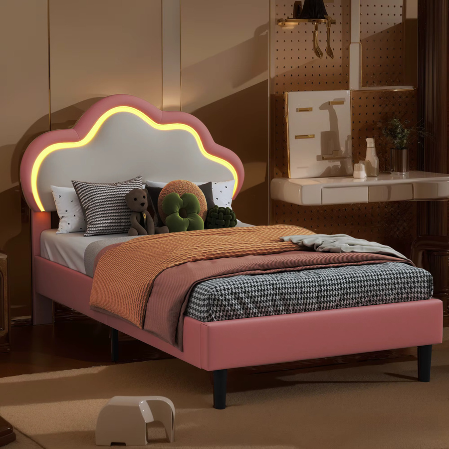 Superaly Kinderbett mit wolkenförmigem Kopfteil in Pink, Einzelbettgestell aus PU-Leder mit höhenverstellbarem Kopfteil und Lattenrostunterstützung, B/T/H: 90 x 200 cm - Bild 2