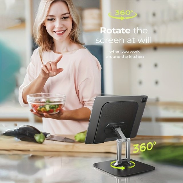 Faltbarer Tablet-Halter mit drehbarer Basis aus Metall in Schwarz für iPad, Samsung und Smartphones - Bild 1