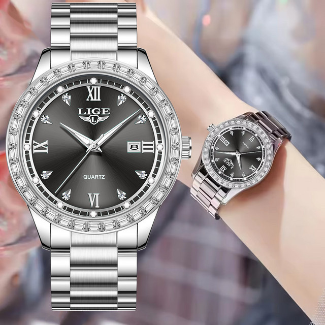 LIGE Armbanduhr Quarz, Edelstahl, Diamant, Schwarz, Damen - Bild 1