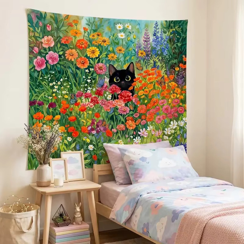 VIKAMA Wandteppich mit schwarzer Katze im bunten Blumengarten, Wandbehang mit Blumen- und Katzenmotiv, B/H: 40 x 60 cm - Bild 2