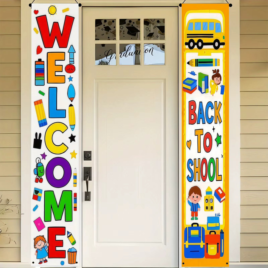 VIKAMA Willkommen zurück in der Schule Veranda-Banner mit Cartoon-Motiven wie Schulbus, Bleistift und Rucksack, mehrfarbiges Hängedekor-Set für Kinder - Bild 4