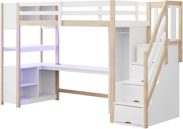 Merax Hochbett mit Schreibtisch und LED-Beleuchtung aus Kiefernholz und MDF, Weiß, B/T/H: 200 x 90 x 170 cm - Bild 1