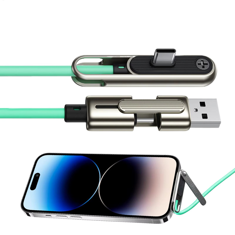 240W USB-A auf USB-C Doppelkopf-Schnellladekabel mit integrierter Telefonhalterung in Grün - Bild 2