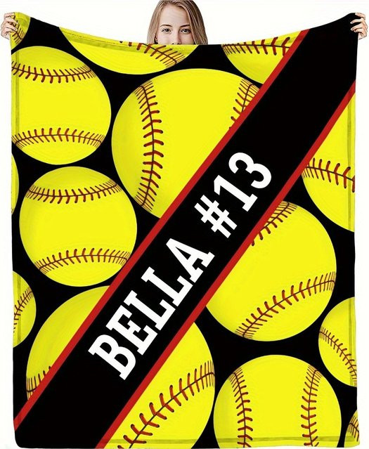 Personalisierte Flanelldecke mit Namen im Baseball- und Softball-Design, weiche Sofadecke für Herbst und Winter, Mehrfarbig - Bild 1