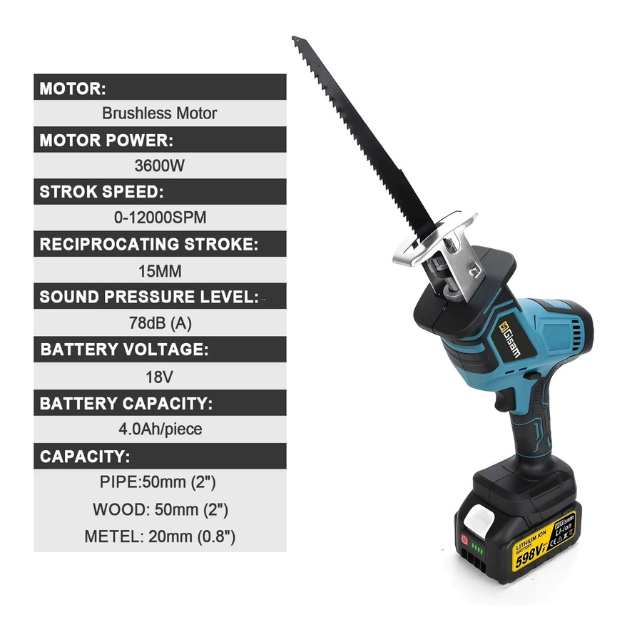 G nto bürstenlose Säbelsäge 3600 W mit 12000 SPM für Holz, Metall und Rohre, kompatibel mit Makita 18 V LXT Akkus, Blau - Bild 5