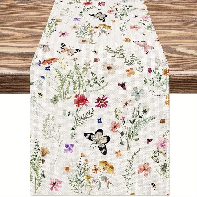VIKAMA Tischläufer aus Leinen mit Aquarell-Blumendesign und Schmetterlingen, Mehrfarbig, Breite: 33 cm, Länge: 230 cm - Bild 1