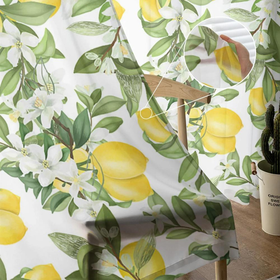 Yiran Furniture Transparenter Vorhang mit Zitronenblättern und Blumenmuster aus Tüll und Organza, Weiß, B: 135 cm, H: 115 cm - Bild 2