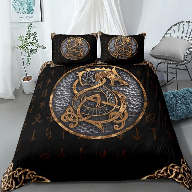Bettwäsche Set Binchi Fitness Wikinger Keltisch Design mit Yggdrasil und Fenrir in Schwarz, B/H: 135 x 200 cm - Bild 1