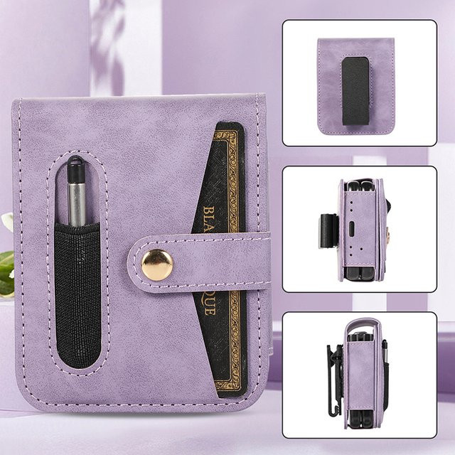 Samsung Galaxy Z Flip 5 Magnetische Brieftasche aus PU-Leder mit Gürtelclip und gehärtetem Schutzfilm in Braun oder Lila - Bild 1