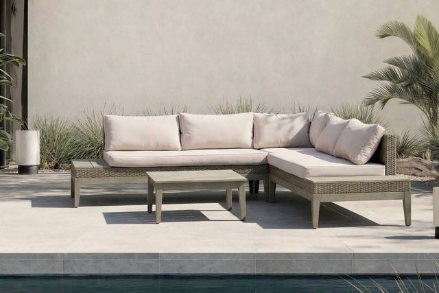 OUTFLEXX Arendal Ecklounge-Set in Beige und White, 4-teiliges Polyrattan-Set aus Akazie mit Polstern im Vintage-Look, FSC-zertifiziert - Bild 1