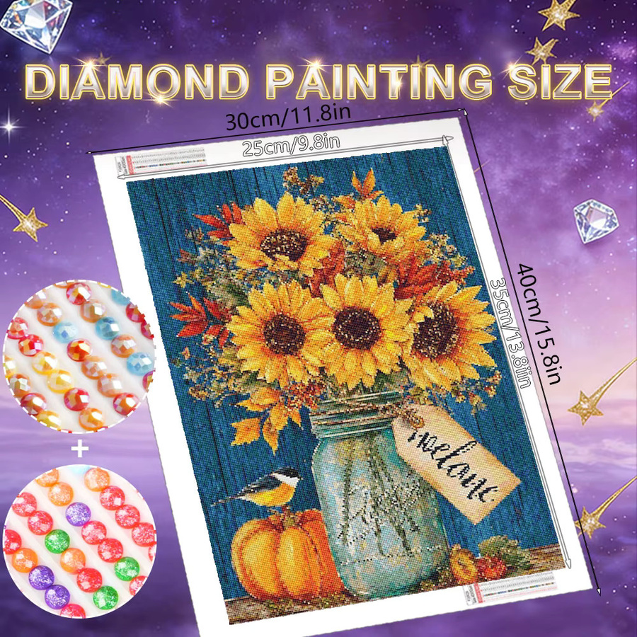 HUACAN 5D DIY Diamant-Mosaik Set Feenstaub Sonnenblume und Schmetterling in Mehrfarbig, Rundes Diamant-Malerei Set für die Wanddekoration, Durchmesser: 30,0 cm - Bild 1