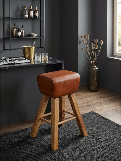 Barhocker KADIMA DESIGN aus Mango Massivholz und Echtleder in Braun, Country-Style, B/T/H: 43 x 43 x 75 cm - Bild 1