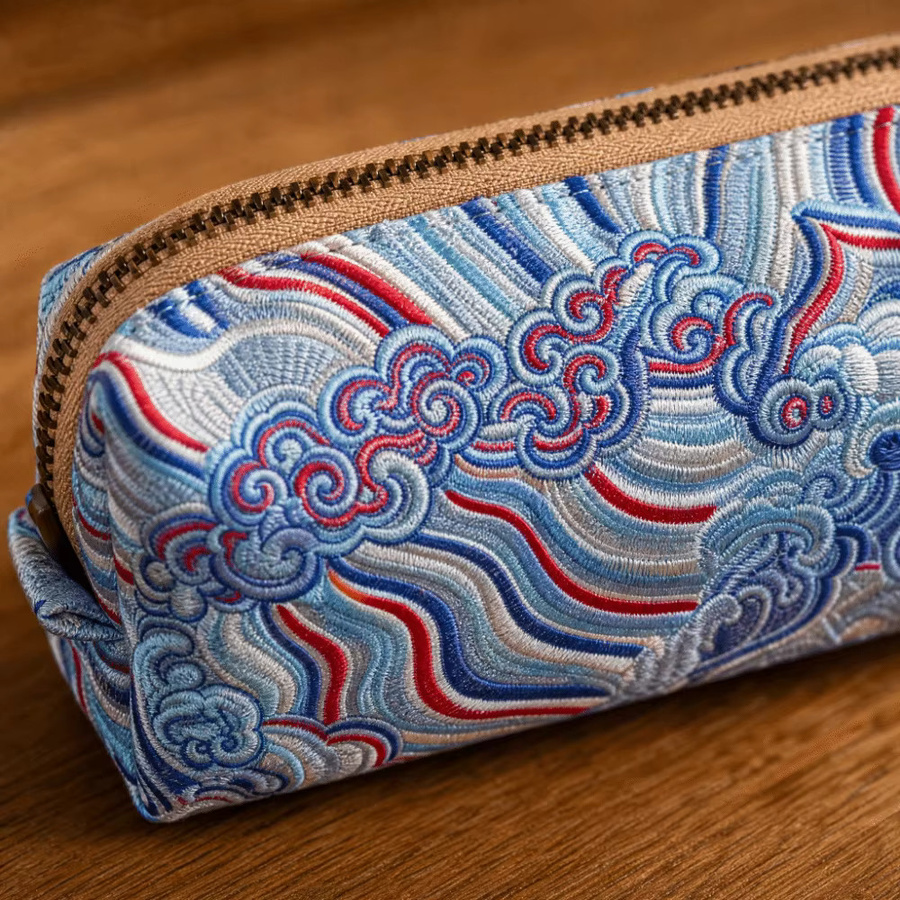 Federmäppchen mit Retro-Stickmuster im chinesischen Stil, blaues Schreibwarenetui und Make-up-Pinseltasche aus Textil - Bild 1