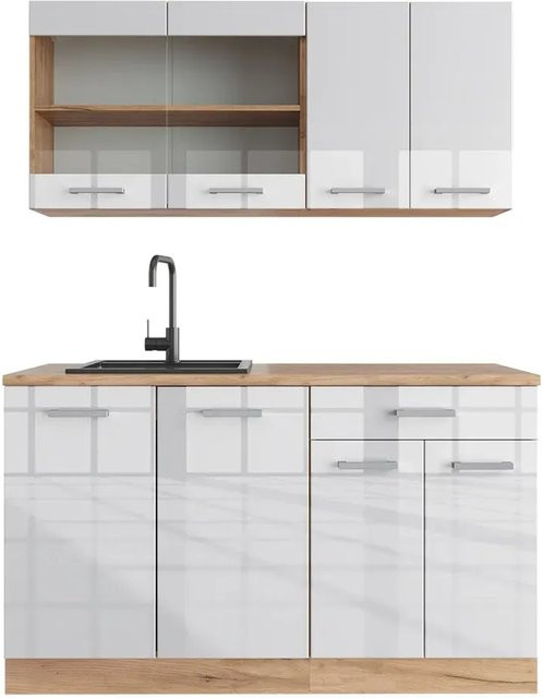 Vicco R-Line Singleküche modern in Weiß Hochglanz und Goldkraft Eiche, Breite: 140 cm - Bild 1