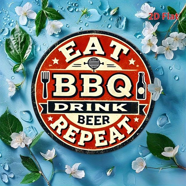 Potdemiel Vintage-Wandschild aus Aluminium für Grill und Bier, rundes Retro-Dekor mit Grillutensilien und Sternen - Bild 1