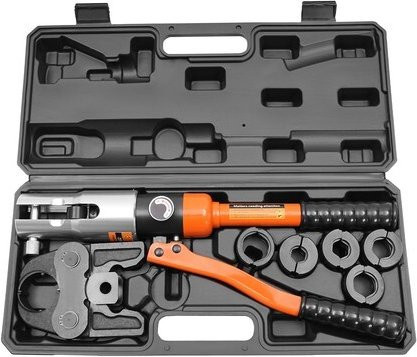 Bymaocar CW-1632 Hydraulisches Rohrpresswerkzeug und Manuelle Rohrzange in Orange mit 5 V-Matrizen V12-V28 für Kupferrohre, 10T Presskraft - Bild 1