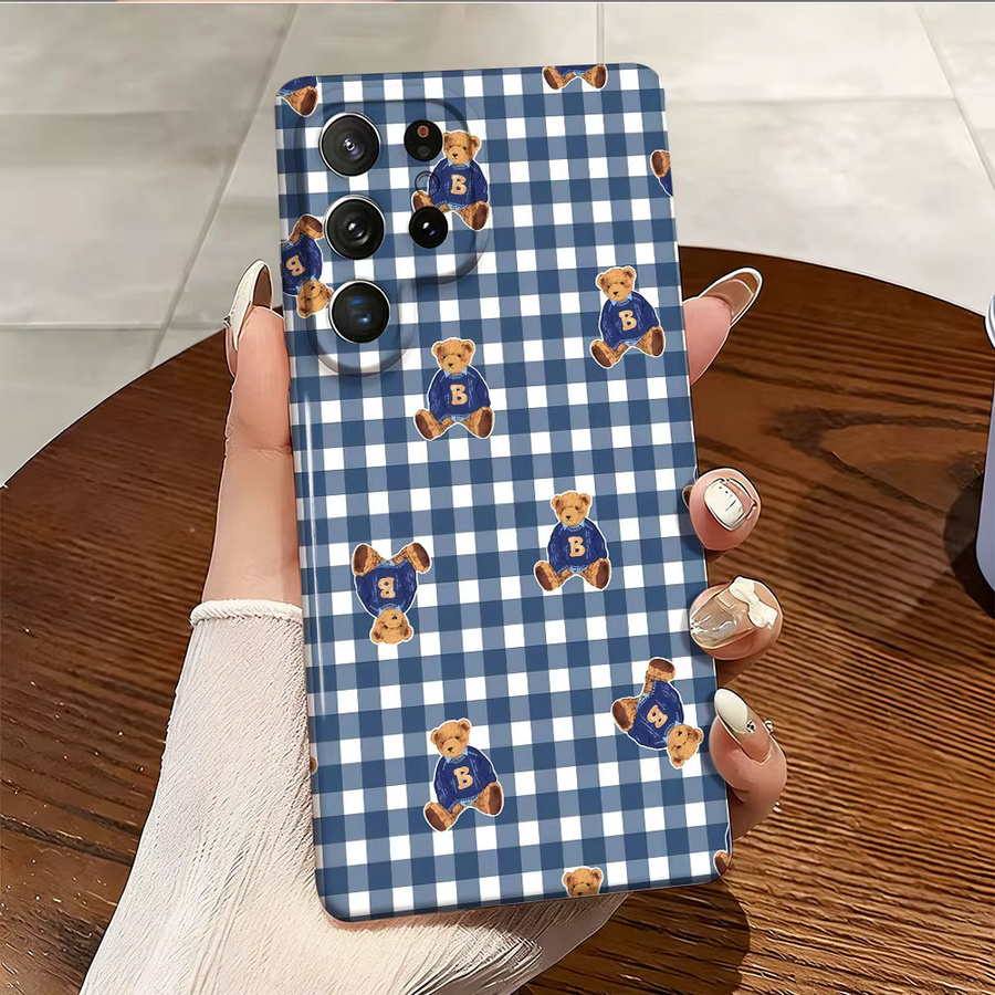 Stoßfeste Doppelschicht Handyhülle mit kariertem Teddy-Charm für Samsung Galaxy S26 S25 S24 S23 Ultra Plus in Blau - Bild 3