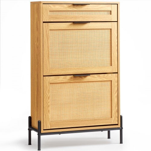 VEVOR Schuhschrank aus Rattan mit 2 Klappschubladen und 1 Ausziehschublade, schmaler Schuhkommode mit Metallbeinen für Eingangsbereich und Flur, Farbe: Beige - Bild 1