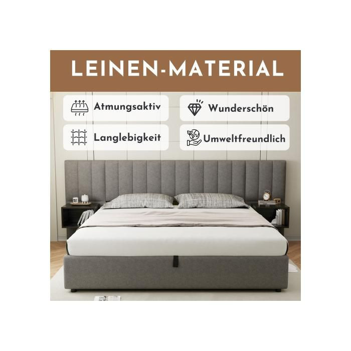 Gepolstertes Bett MUVOE in Grau mit integriertem Stauraum, hydraulischem Lift-up-System und 2 Nachttischen, B/T: 160 x 200 cm - Bild 2