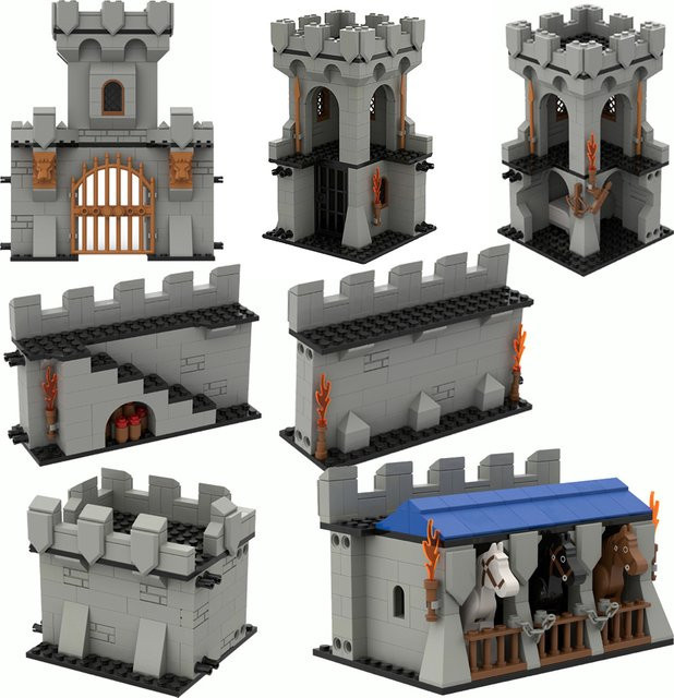 BRICKPANDA MOC Mittelalterliche Burg Wand Turm Bausteine Set mit Rittern in Grau - Bild 1