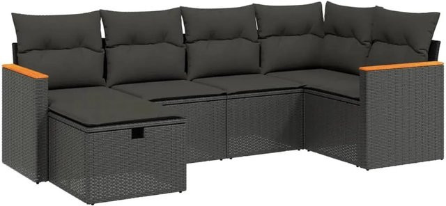 vidaXL 6-tlg Garten-Sofagarnitur in L-Form mit Polstern und Ottoman, Schwarz, Poly Rattan und Metallrahmen - Bild 1