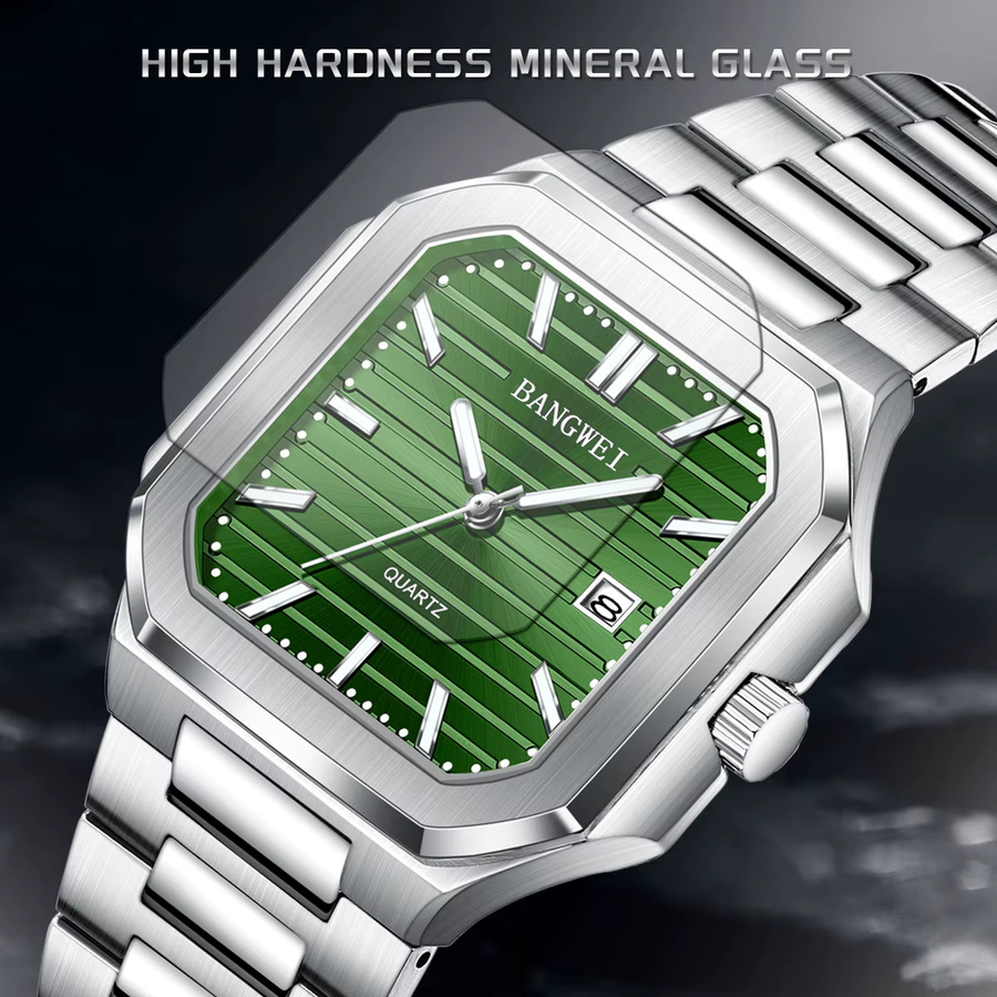 BANGWEI Armbanduhr, Quarz, Edelstahl, Grün, Herren, Eckig - Bild 4