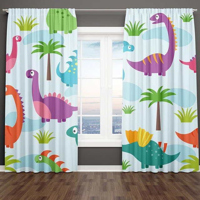A Family Of Home Textiles Kinder Vorhänge mit Dinosaurier Motiv, 2er Set, halbtransparent, Mehrfarbig, Breite: 85 cm, Höhe: 220 cm - Bild 1
