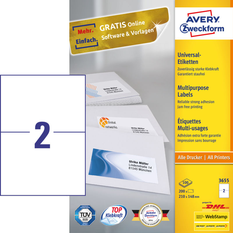 Avery Zweckform Universal-Etiketten 3655, weiß, A4, 200 Stück - Bild 2