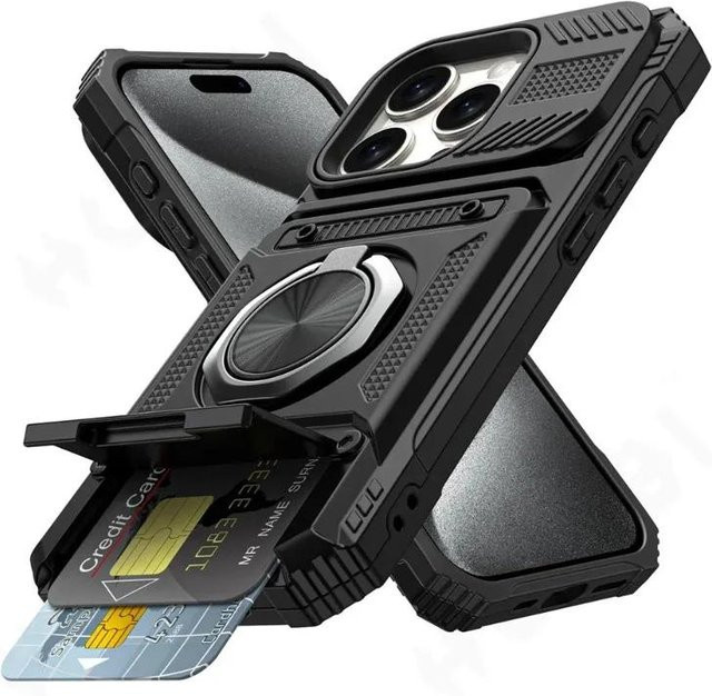 Tuiying002 Robuste iPhone Hülle mit magnetischem rotierendem Ring Ständer und Geldbörsenfunktion in Schwarz - Bild 1