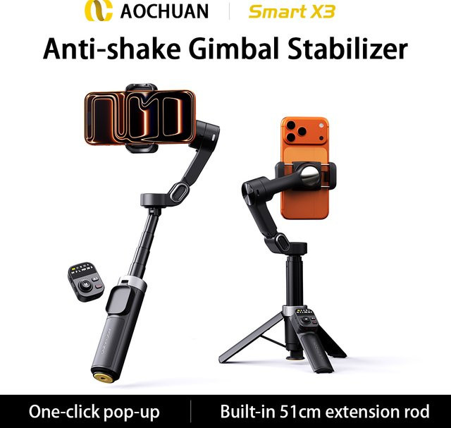 AOCHUAN Gimbal-Stabilisator Smart X3 Bounce Type mit 51 cm Verlängerungsstange und abnehmbarer Fernbedienung in Schwarz - Bild 1