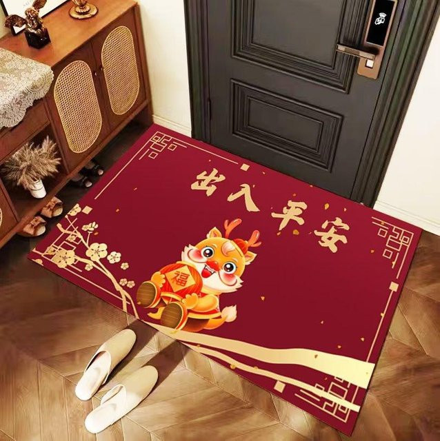 Drachen Neujahr Fußmatte aus Crystal Velvet in Rot, rutschfest und schmutzabweisend, B/T: 120 x 80 cm - Bild 1