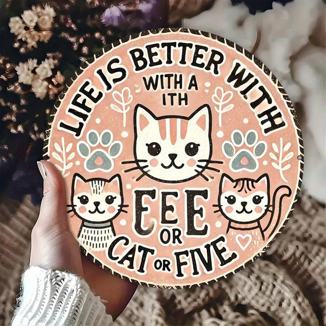 Potdemiel Rundes Vintage-Aluminiumschild Das Leben ist besser mit einer Katze als Wanddekoration für Zuhause, Badezimmer oder Bar, Durchmesser: 20 cm - Bild 1
