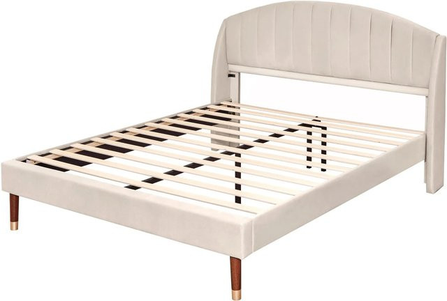 okwish Polsterbett aus Samt in Beige mit Kopfteil und Lattenrost für Jugendliche, B/T/H: 160 x 200 x 108 cm - Bild 1