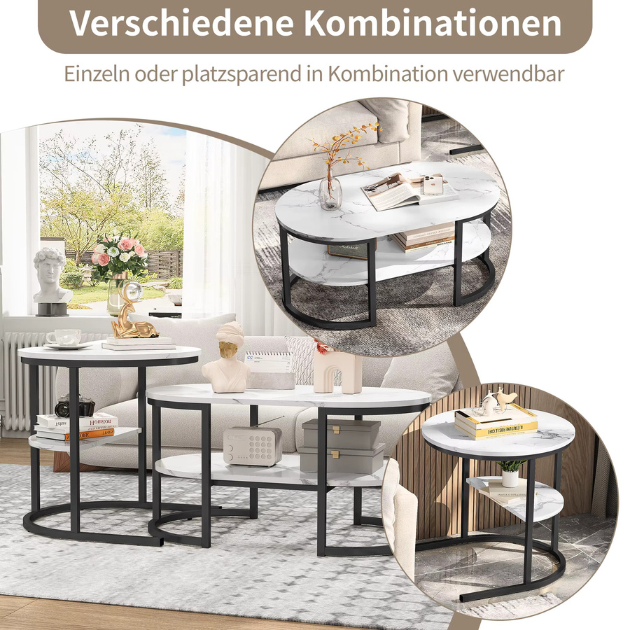 Superaly Couchtisch-Set mit 2 Tischen in Marmor-Optik, moderner 2-in-1 Sofatisch mit Stauraum, rund und oval, Schwarz und Weiß - Bild 4