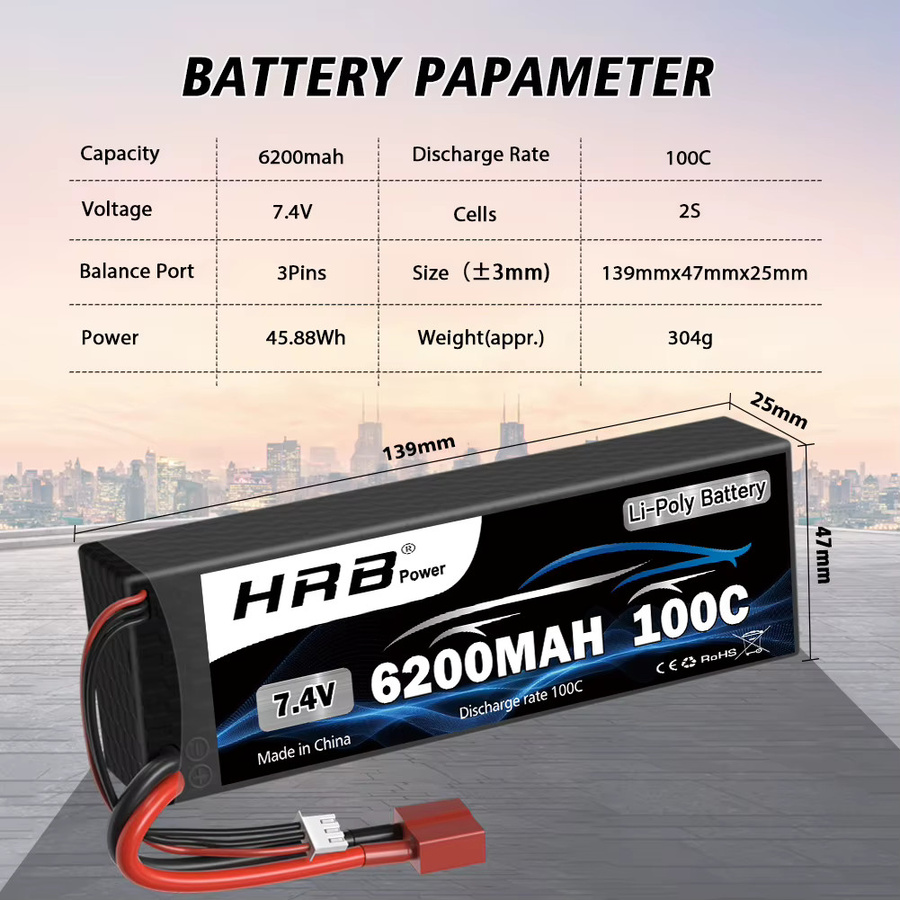 HRB 2S Lipo Akku 7,4 V 6200mAh 100C mit Deans T Stecker Hardcase in Schwarz für RC Autos, LKWs und Monster Trucks - Bild 2