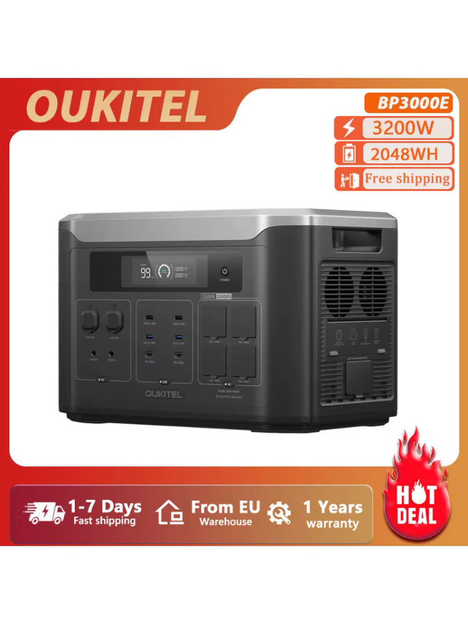 OUKITEL BP3000E Tragbare Powerstation mit 2048Wh LiFePO4 Akku, 3200W Solargenerator mit reiner Sinuswelle und USV-Funktion, Schwarz/Grau - Bild 1