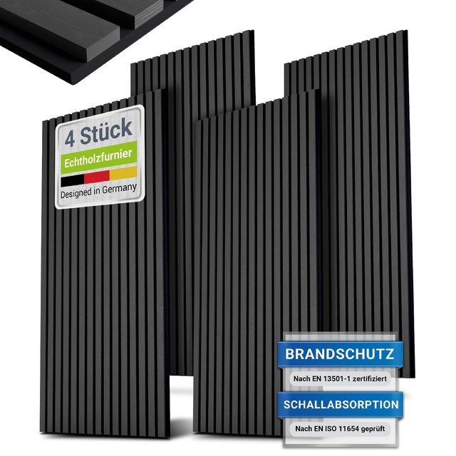 Juskys Akustik Wandpaneele 4er Set aus Echtholzfurnier in Eiche Dunkelgrau zur Reduzierung von Hall und Lärm mit 2,88 qm Abdeckung - Bild 1