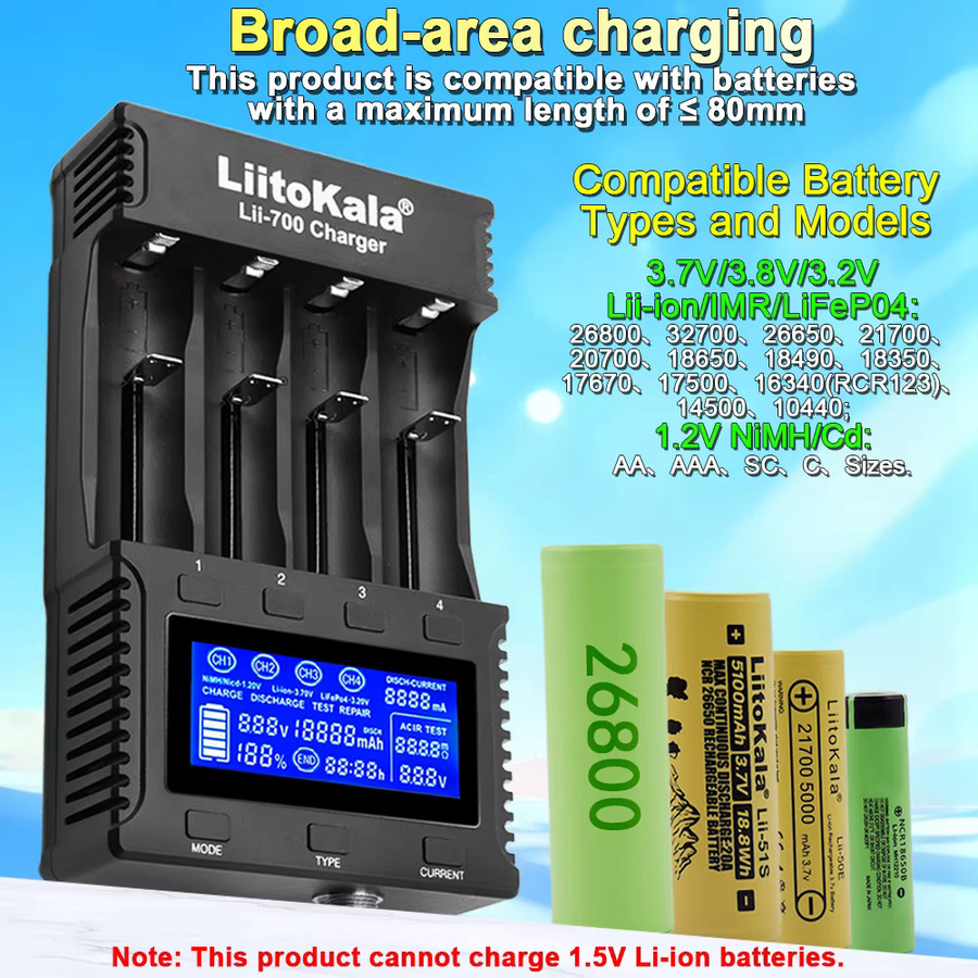 LiitoKala Lii-700 Batterieladegerät für 3,7V/1,2V Akkus (18650/26650/16340/18500) mit Display in Schwarz - Bild 3