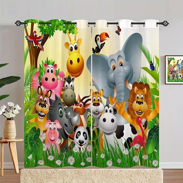 Zweierpack halbtransparente Vorhänge mit Tierdruck für das Kinderzimmer, Cartoon Design mit Katze, Hirsch, Elefant, Löwe und Kaninchen, B: 50 cm, H: 50 cm, Mehrfarbig - Bild 1