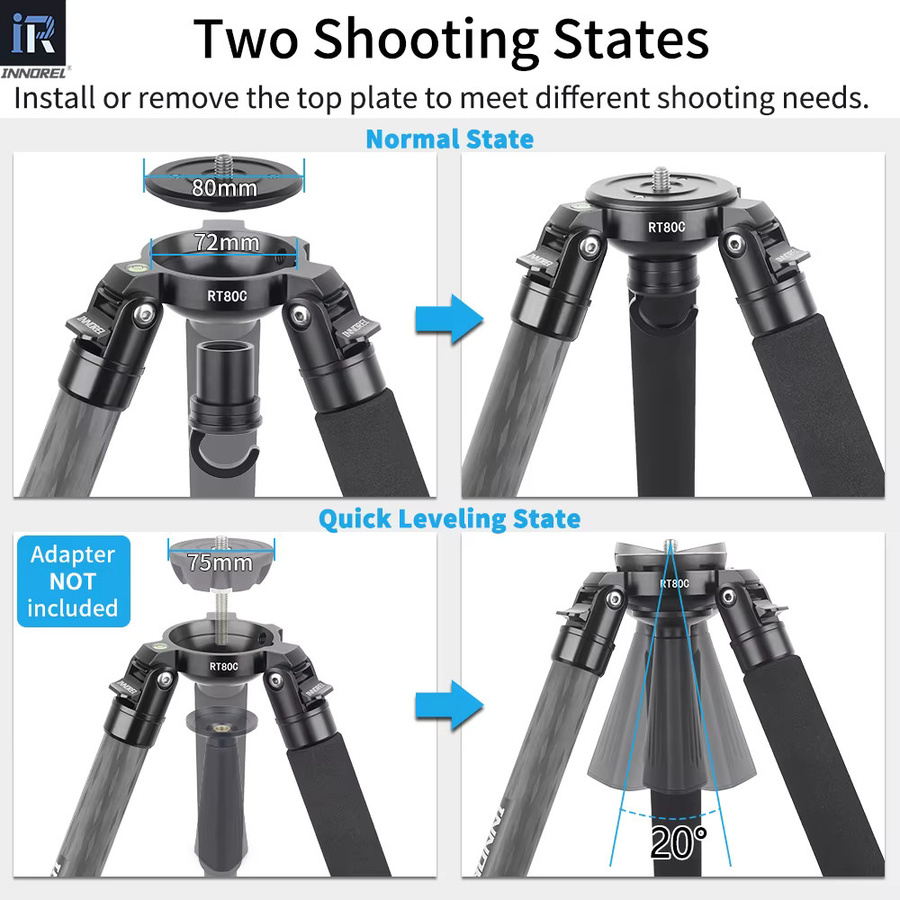 INNOREL RT80C Kohlefaser-Kamerastativ in Schwarz mit 75 mm Schüsseladapter für DSLR, Video und Camcorder - Bild 4