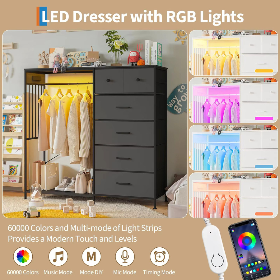 GarveeHome Kleiderschrank für Schlafzimmer mit 6 Schubladen, LED-Beleuchtung und Ladestation, Metall und Holz, Farbe: Schwarz/Braun, B/T/H: 125 x 40 x 120 cm - Bild 3