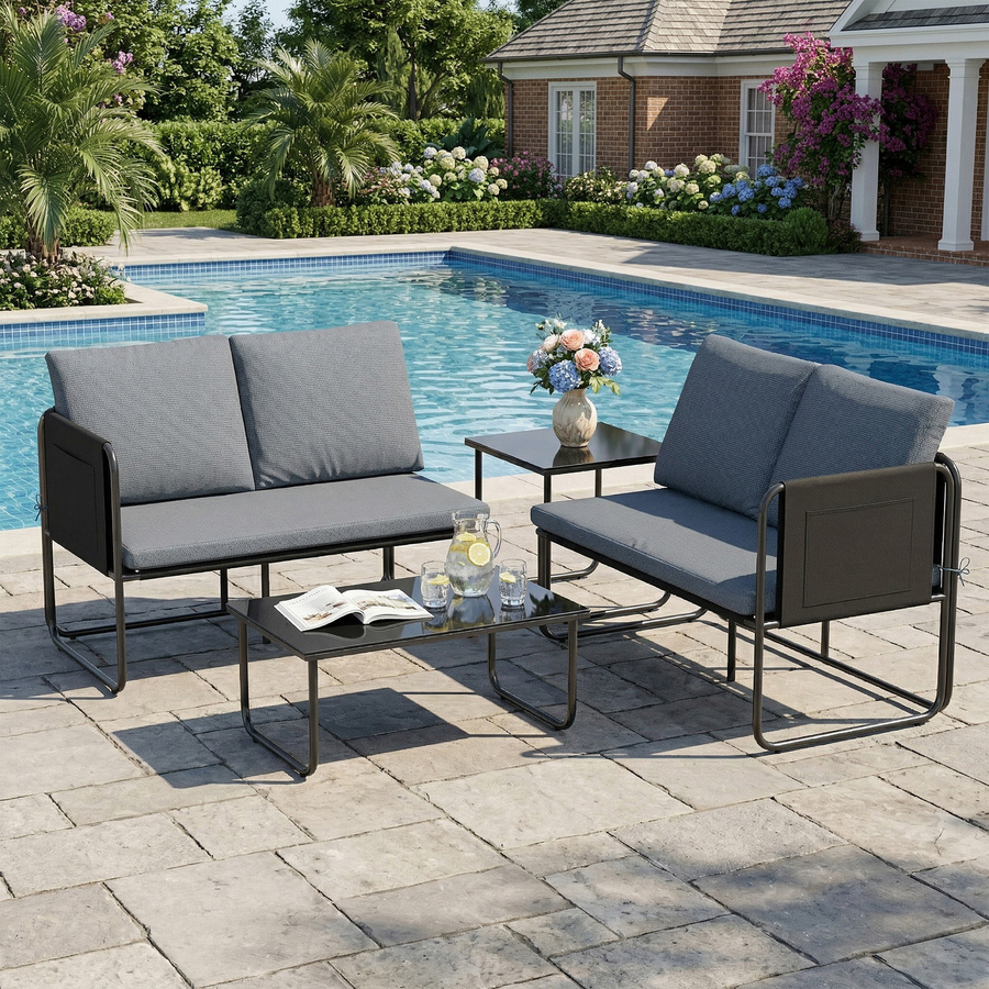 Outsunny 4-teiliges Gartenmöbel-Set in Grau mit 2 Zweisitzer-Sofas, 2 Glastischen und Kissen aus atmungsaktivem Textilene und Stahlgestell - Bild 2