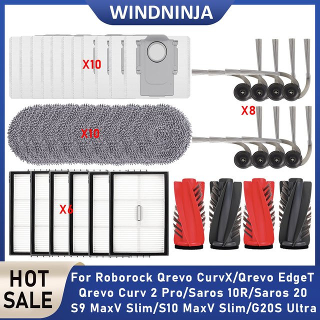 WINDNINJA Ersatzteil-Set für Roborock Saros 10R, G20S Ultra, Qrevo EdgeT, Qrevo CurvX und Saros 20 Roboterstaubsauger mit Hauptbürste, Seitenbürste, Staubbeuteln, Filtern und Wischmopps - Bild 1