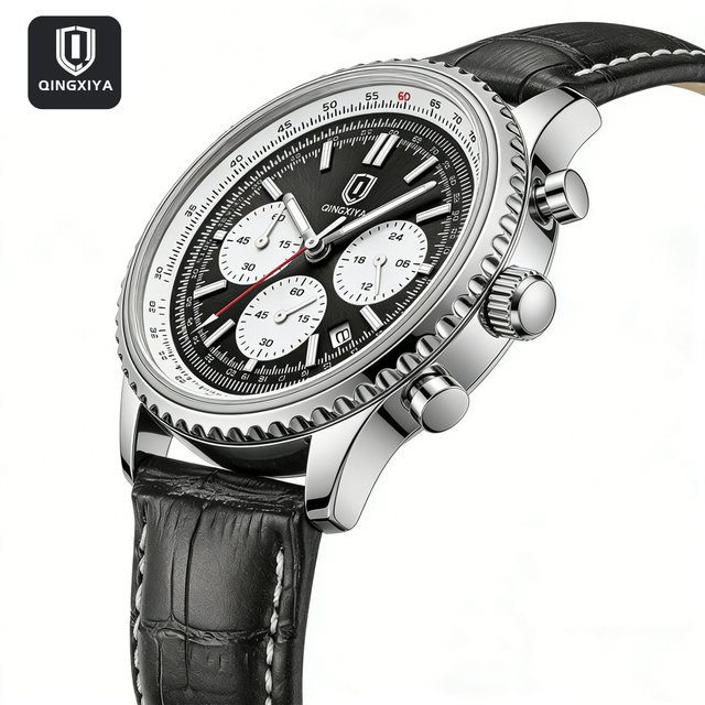 QINGXIYA Armbanduhr Herren, Quarz, Chronograph, Leder, Schwarz - Bild 1