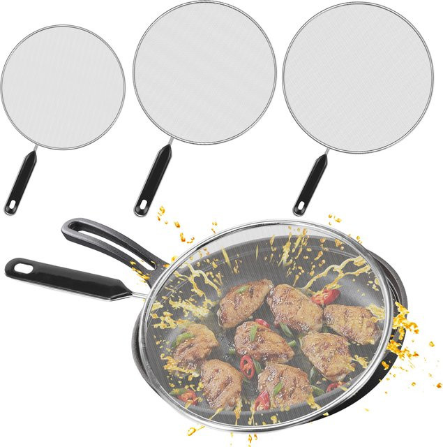3 bis 4-teiliges Splatter-Schutz-Set aus Edelstahl mit feinmaschigem Netz für Pfannen und zum Kochen in Silber und Schwarz - Bild 1