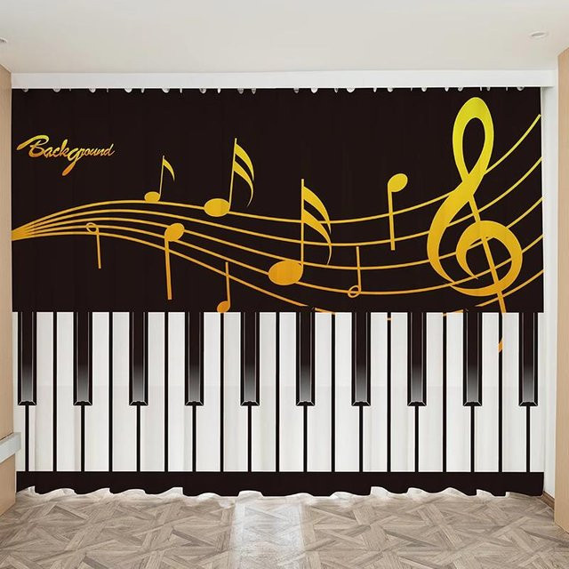 Moderner Vorhang mit Musiknoten-Design für Klavier und Geige, Schwarz, B: 100 cm, H: 130 cm - Bild 1